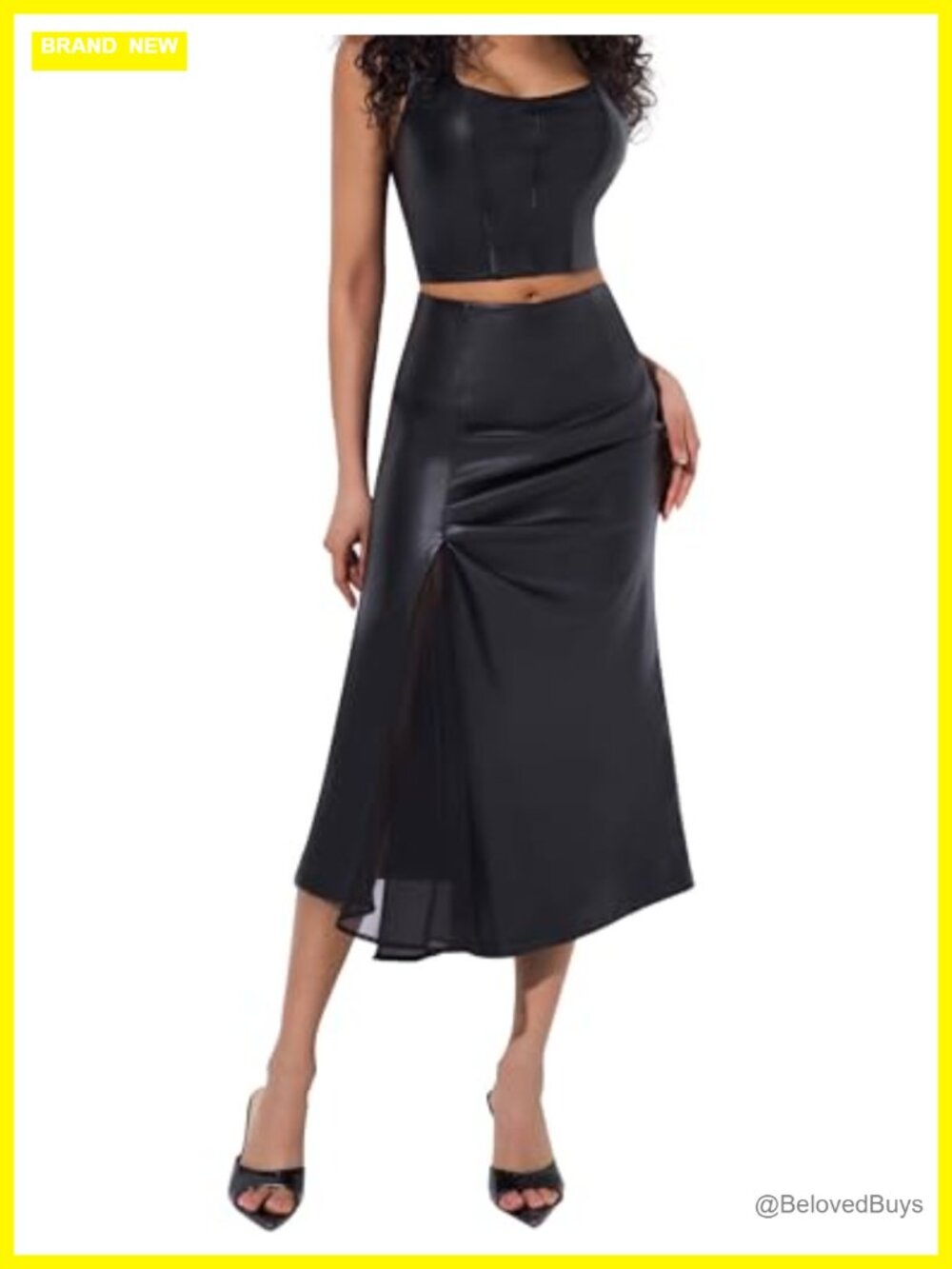 Women's Midi Faux Leather A-Line Skirt High Waist Mesh Pleats Side Slit Zip Back